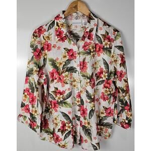 Alfred Dunner tropical blouse womens size 14 white pink floral button up